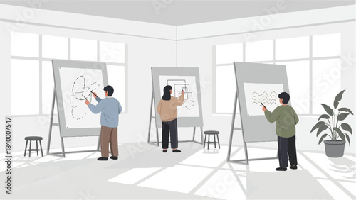 Art students collaborating on creative projects in a brightly lit studio space with easels and plants