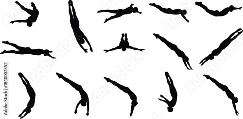Silhouette illustration of athletes diving in various poses, depicting swimming, flexibility, motion, sports training, competition, synchronized diving and dynamic human movement concepts