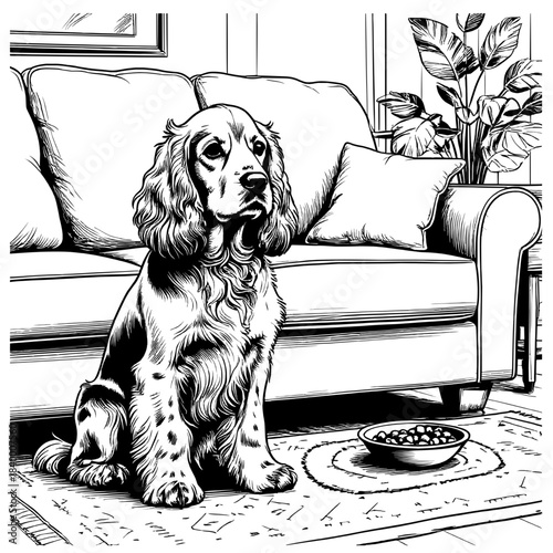  A funny dog is sitting next to the sofa, isolated in white. Cocker spaniel or retriever sits on a mat in the house, a black and white sketch. vector illustration.53