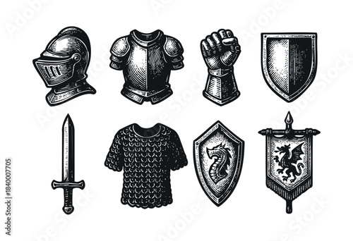 A collection of engraved style medieval knight armor pieces, weapons, and heraldry, including a helmet, cuirass, gauntlet, shields, sword, chainmail, and dragon banners — stock illustration.