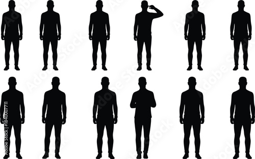 Silhouette illustration set of men in various standing poses, male figure collection for design, animation, posture reference, lifestyle concepts and character creation