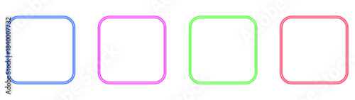 Set of four neon glowing rounded square outlines in vibrant blue magenta green and red isolated on a transparent background