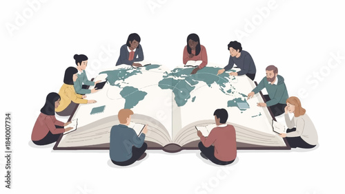 Global Collaboration and Shared Knowledge Diverse Group Engages with a Giant World Map Book, Symbolizing International Learning and Collective Understanding