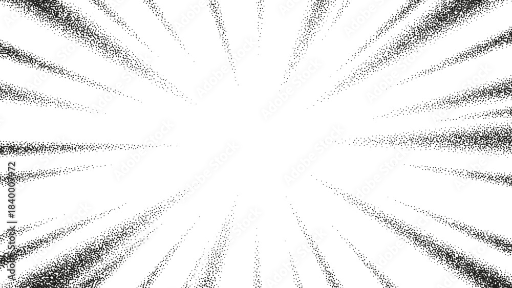 Obraz premium Grainy gradient dotted comic background. Vector gritty speed lines. Abstract anime cartoon rays explosion with black stipple texture effect. Comic background with speed lines with stipple effect.