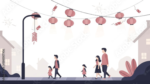Family walking on street with Chinese lanterns and firecrackers during celebration