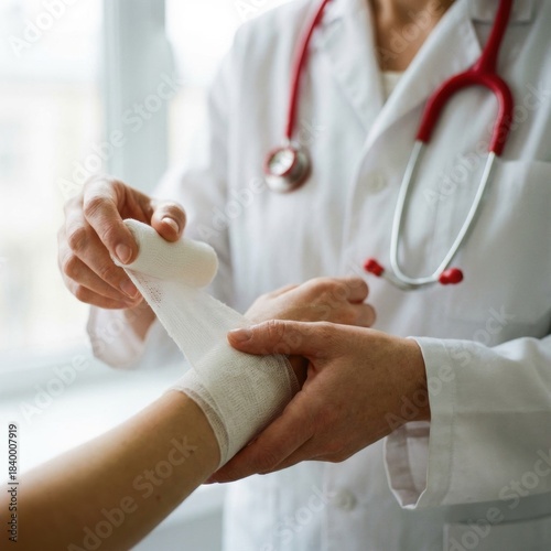 Doctor applies protective cast to an injured forearm
