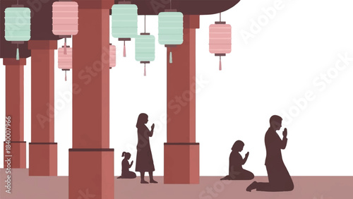 Silhouette of people praying under a traditional Asian pagoda with colorful lanterns in a serene outdoor setting.