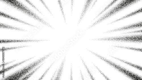 Grainy gradient dotted comic background. Vector gritty speed lines. Abstract anime cartoon rays explosion with black stipple texture effect. Comic background with speed lines with stipple effect.