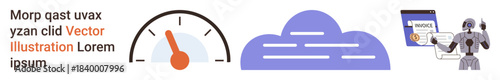 Technology advancement, cloud storage, artificial intelligence, data processing, speed analysis, digital tools. Speedometer, cloud icon and robot interacting with a screen. Technology advancement