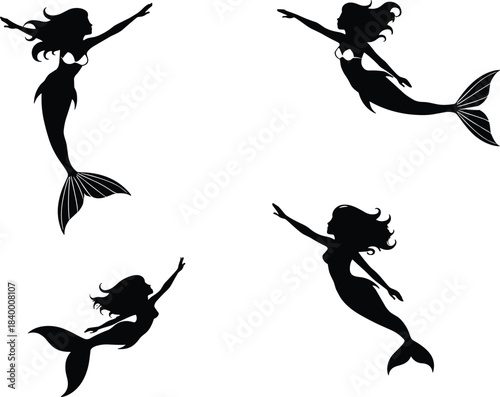 Silhouette set of beautiful mermaids swimming underwater fantasy illustration, mythical sea creatures with long flowing hair and tail, magical ocean theme