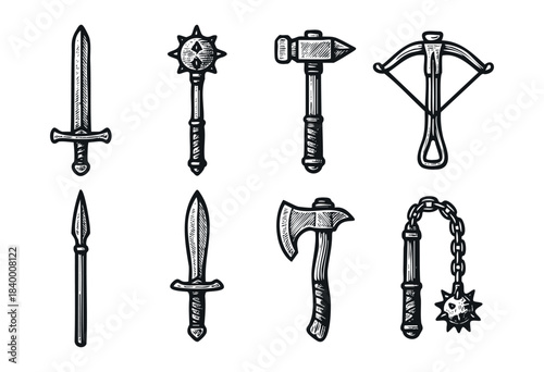 A collection of hand-drawn medieval and fantasy weaponry, including swords, maces, axes, and a crossbow, rendered in a vintage woodcut style — stock vector.
