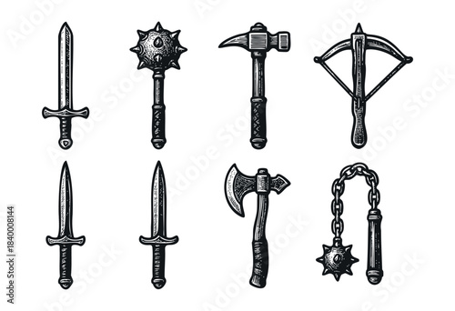A collection of hand-drawn, vintage-style medieval and fantasy weaponry, featuring swords, daggers, maces, an axe, a hammer, and a crossbow, rendered in a woodcut aesthetic — stock vector.