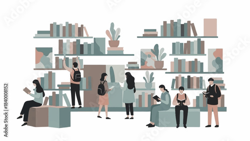 Vector illustration of people reading and browsing books in a library or bookstore with shelves of books