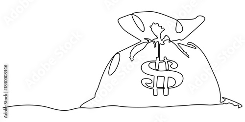 Continuous one line drawing of dollar money bag design. Money bag storage in single line draw illustration. Editable stroke.