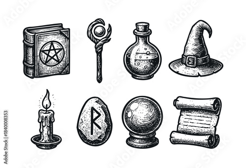 An array of magical and occult items depicted in a vintage engraving style, featuring a spellbook, wizard hat, potion, and crystal ball — stock vector.