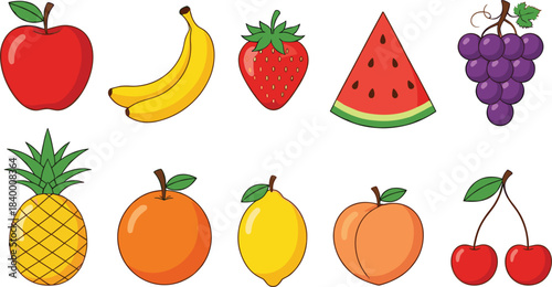 Colorful fruit vector illustration set featuring apples, bananas, berries, citrus fruits, tropical fruits, and fresh summer produce.