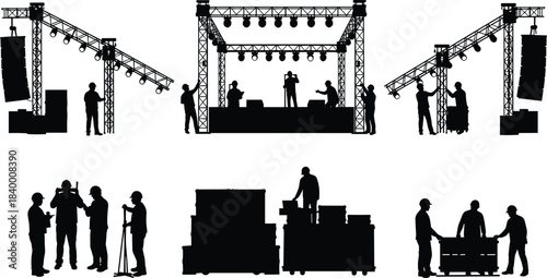Silhouette stage crew preparing concert setup, workers installing lights and speakers, event production team organizing equipment before live music performance on outdoor stage