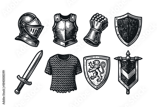 A collection of medieval knight armor, weapons, and heraldic elements depicted in a vintage engraved style — stock vector.
