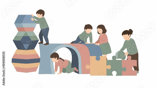 Joyful scene of young children engaged in imaginative play, building and exploring colorful geometric structures, promoting early childhood development and collaborative fun