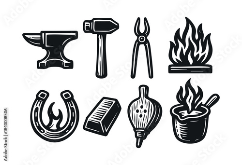 A collection of vintage-style vector icons featuring essential blacksmithing tools and elements like an anvil, hammer, tongs, fire, and horseshoe in a monochrome design — stock vector.