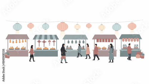 Vibrant open-air market with people browsing stalls, celebrating under festive lanterns, and enjoying a lively cultural event offering fresh produce and goods