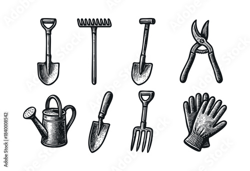 An assortment of classic gardening tools, such as a shovel, rake, pruning shears, watering can, and gloves, depicted in a detailed engraved style against a white background — stock vector.