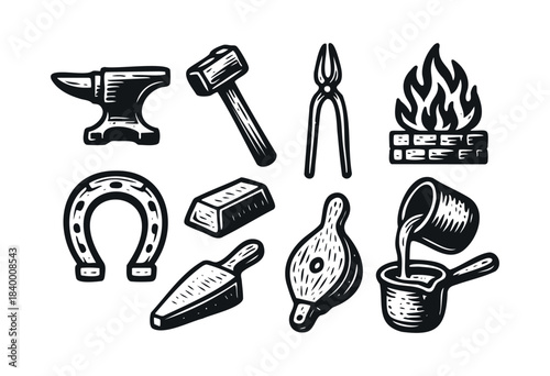 A collection of vintage-style vector icons featuring essential blacksmithing tools and elements like an anvil, hammer, tongs, fire, and horseshoe in a monochrome design — stock vector