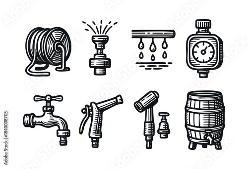 A set of hand-drawn, woodcut-style icons illustrating various gardening, irrigation, and water management tools and elements on a white background — stock vector.