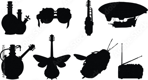 Steampunk illustration collection featuring mechanical instruments, airship, goggles, vintage radio, and insect designs, creative retro fantasy art in detailed engraving style