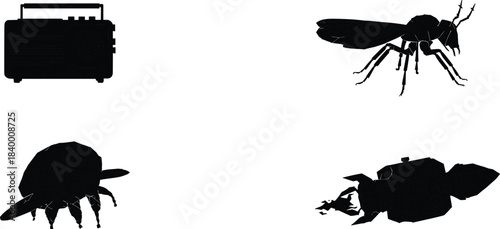 Steampunk insect and mechanical object illustration featuring retro radio, robotic bugs, and machine elements, detailed vintage fantasy artwork with industrial theme