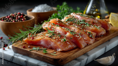 Fototapeta Naklejka Na Ścianę i Meble -  Diced fresh raw chicken breast cut in strips for a goulash or stir fry seasoned with spice rub heaped on a wooden chopping board on white marble