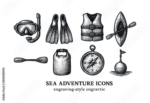 A collection of vintage-style engraving icons representing various sea adventure and water sport equipment, isolated on white — stock vector.