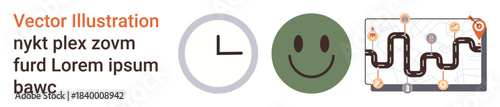 Time tracking, productivity, positivity, navigation, planning, and journey . Minimalist clock, green happy face and a map with route markers. Time tracking and productivity concept