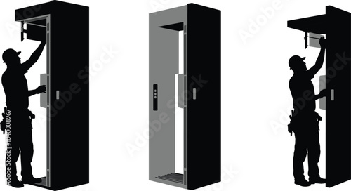 Technician installing modern elevator door system, maintenance and repair process in building shaft, lift mechanic working on elevator mechanism, vector illustration