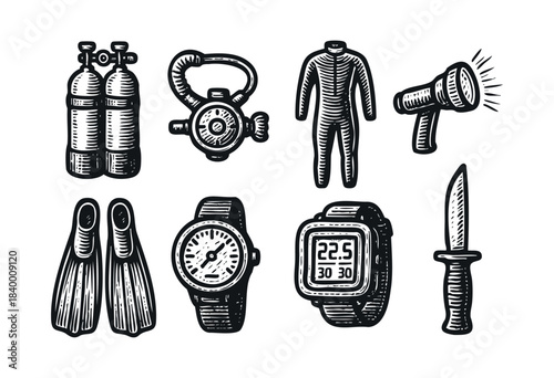 A comprehensive set of hand-drawn, vintage-style illustrations depicting essential scuba diving equipment including tanks, regulator, wetsuit, fins, dive watches, light, and knife — stock vector.