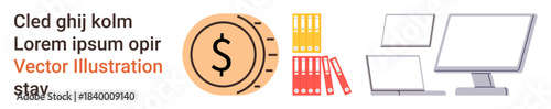 Office management, financial planning, workplace organization, productivity tools, economic growth, bookkeeping. Coin with a dollar sign, folders and computer monitors. Financial planning