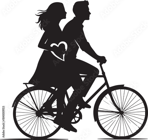 Silhouette of a couple riding a bicycle together holding a heart