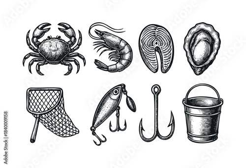 A vintage collection of hand-drawn illustrations featuring seafood delicacies and essential fishing equipment in a black and white engraving style — stock vector.