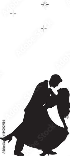 Silhouette of a couple dancing romantically against a white background