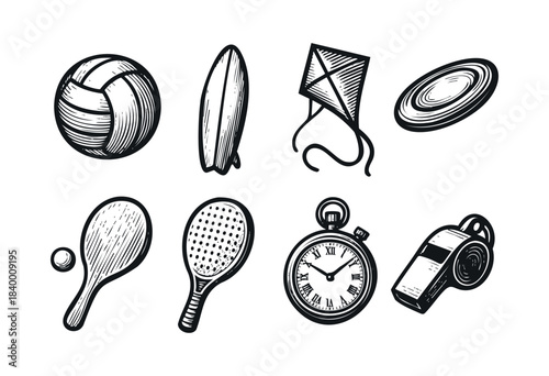 A collection of hand-drawn, black and white illustrations featuring various sports and recreational items like a volleyball, surfboard, kite, frisbee, beach paddles, stopwatch
