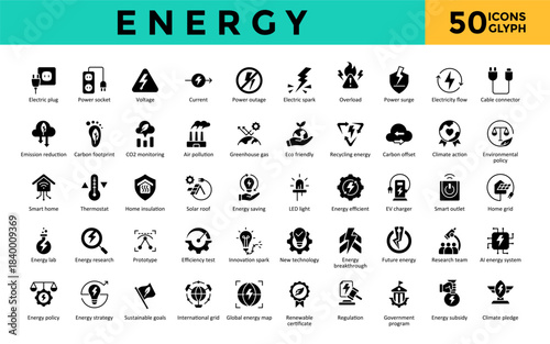 Energy icons set with international grid, global energy map, renewable certificate, regulation, government program icon. Simple glyph vector. Editable stroke. 

