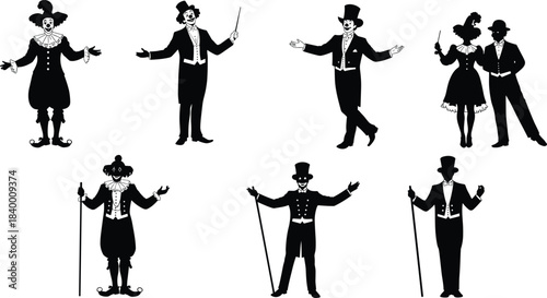Vintage black silhouette illustration of circus performers and entertainers in classic costumes showing expressive poses, theatrical characters, retro show atmosphere, and artistic stage charm