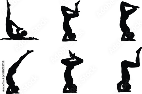 Yoga headstand pose silhouettes, fitness and balance concept, meditation exercise illustration in black vector design showing flexibility, strength, and wellness lifestyle
