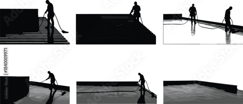 Worker applying waterproof coating on rooftop surface with hose, roof maintenance and sealing process, construction waterproofing, protective coating application, vector illustration