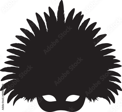 Black silhouette of a masquerade mask with large feathered headdress