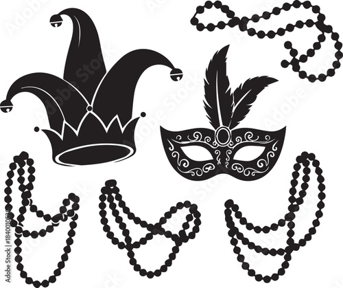 Black silhouette mardi gras mask jester hat and beads