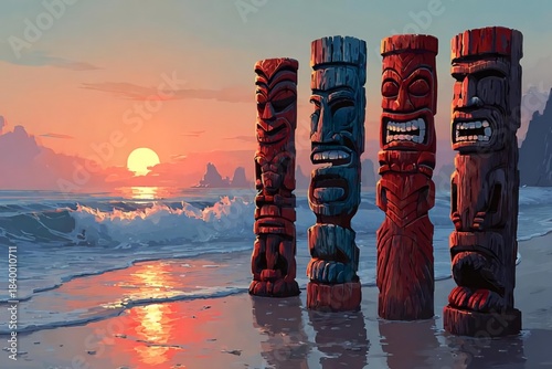 Carved Wooden Totems at Sunset on a Tropical Beach Shoreline