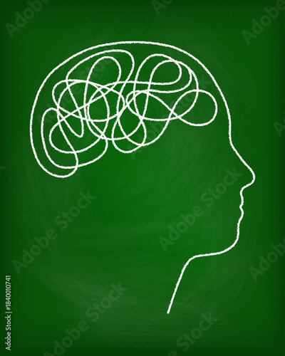 Brain tangle mental chaos line psychological stress head silhouette problem. Psychotherapy concept with scribbled line showing confused thoughts and disorder in simple design vector illustration.