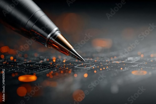 Close-Up of Metallic Pen on Dark Surface with Glowing Oranges