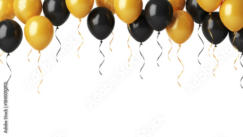 Elegant black and gold balloons floating with copy space perfect for celebrations and sophisticated events or promotions text